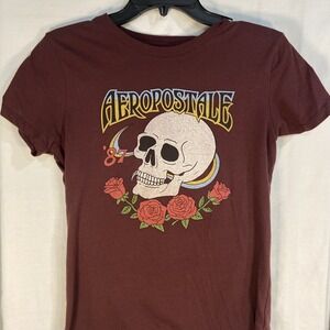 Aeropostale Women's Skull Rose Fitted Crew Tee Large Maroon Burgundy